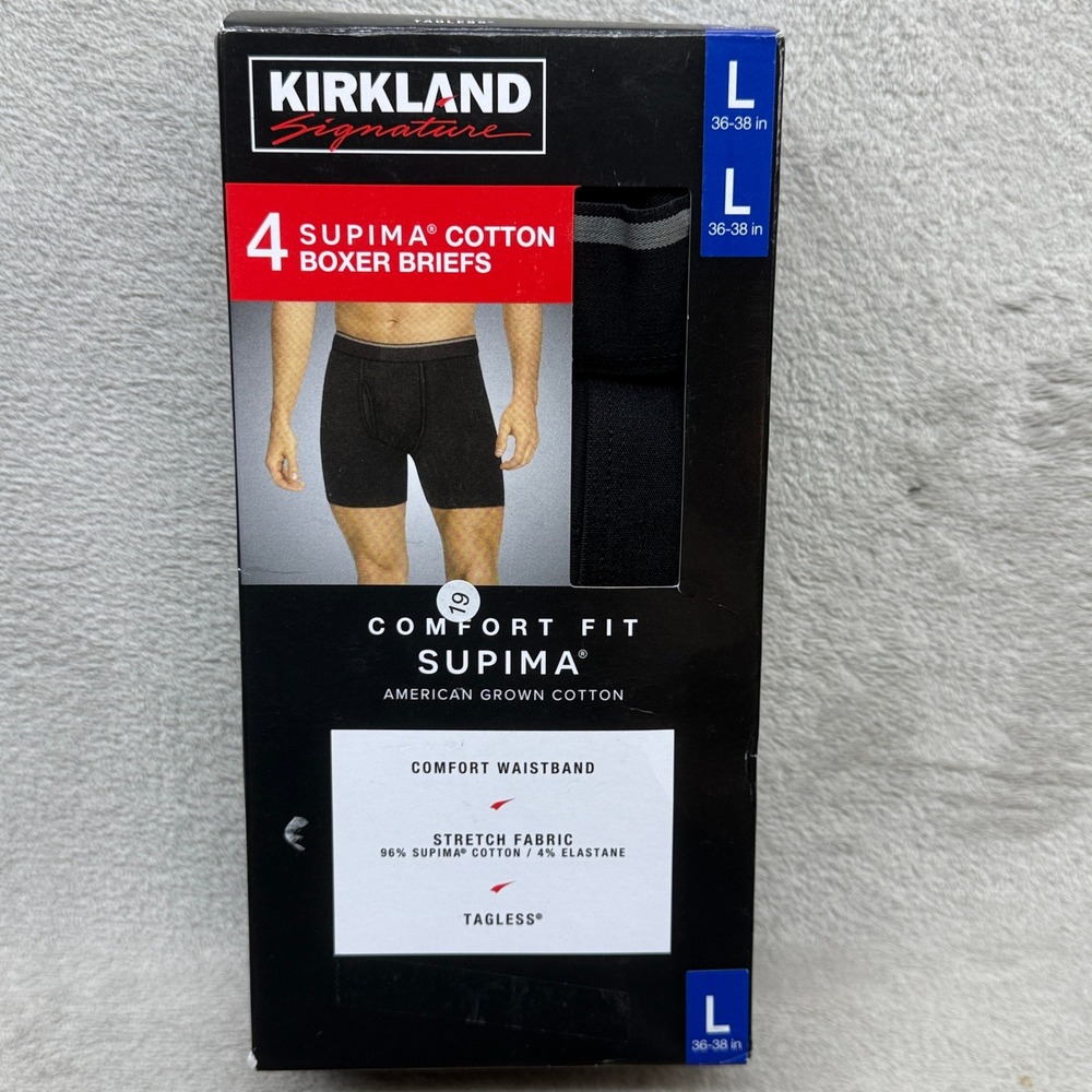 Kirkland Signature Boxer Briefs Mens L Black 4 Pack Supima Cotton Stretch